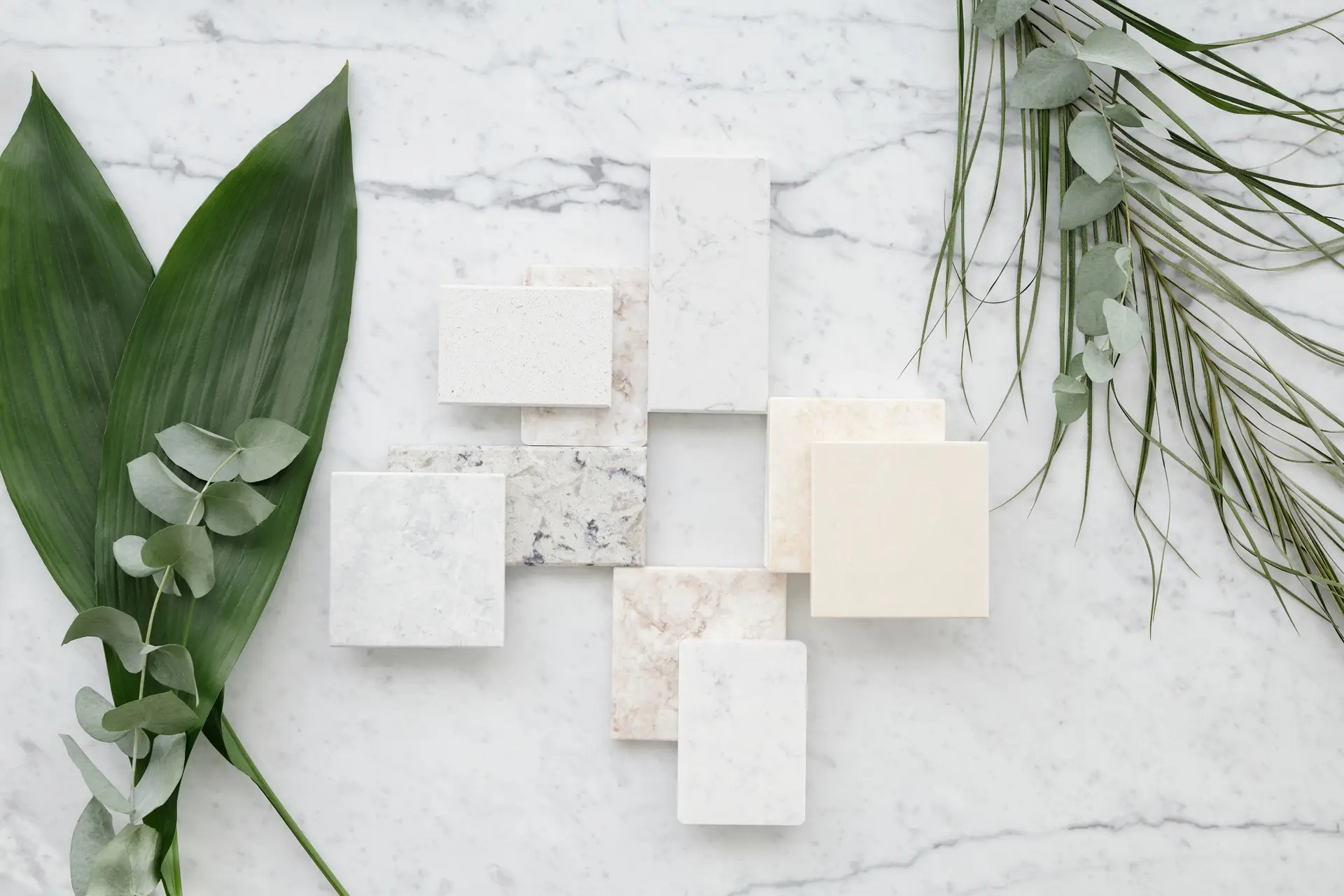 Architectural material palette showing authentic natural marble and stone samples