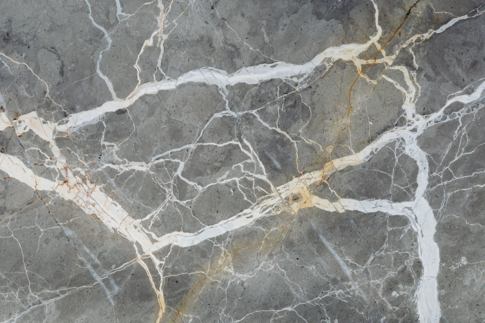 Honed Calacatta marble wall features and monolithic living room fireplace